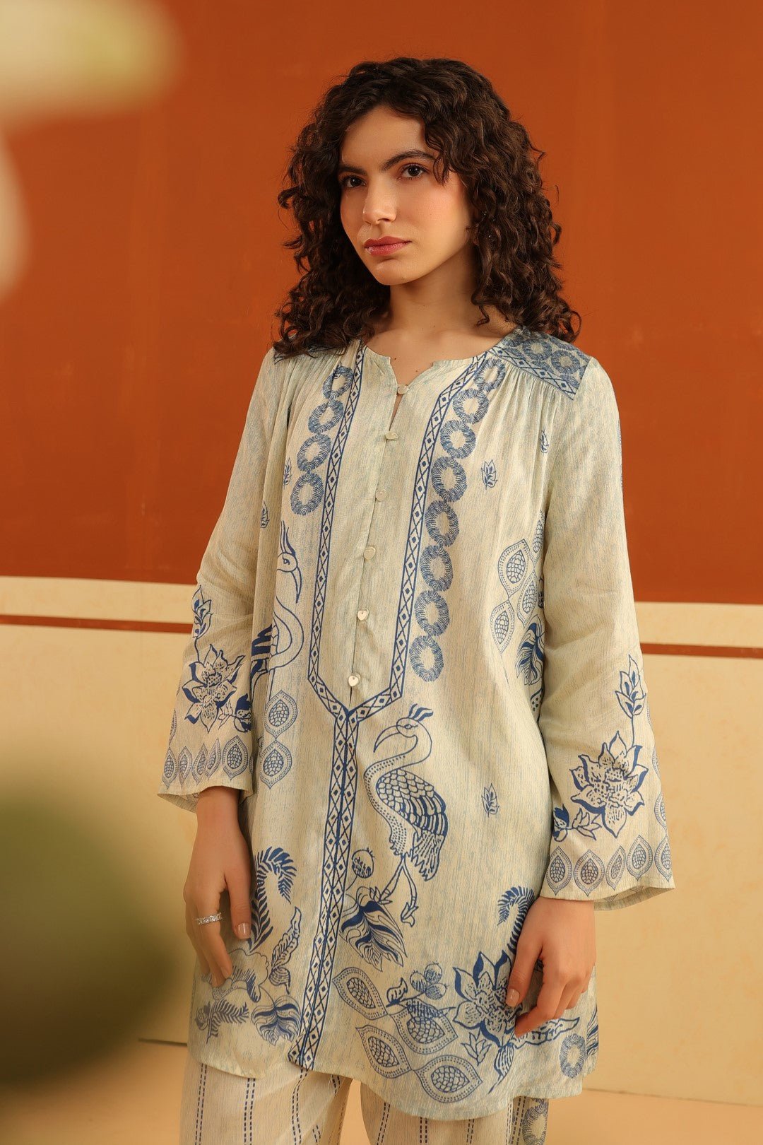 Ivory & Blue Printed Viscose Santoon Kurti & Pant Set for Women - Nyaro