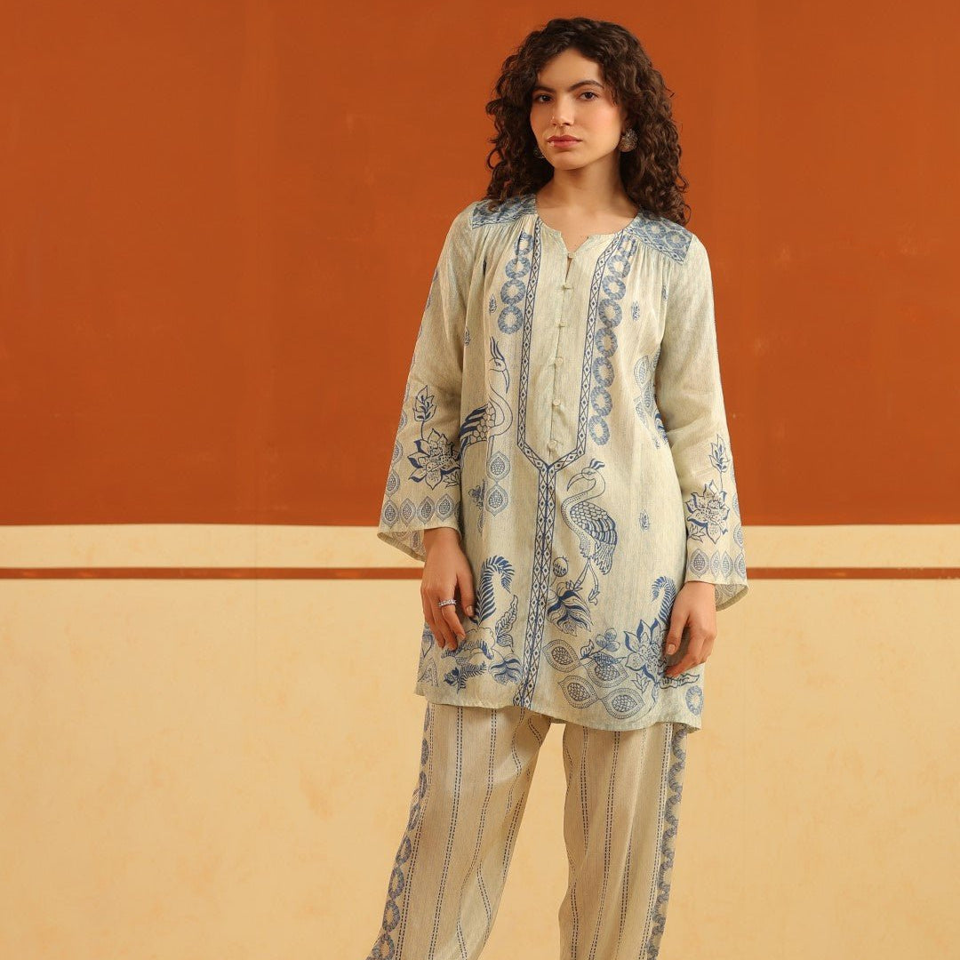 Ivory & Blue Printed Viscose Santoon Kurti & Pant Set for Women - Nyaro