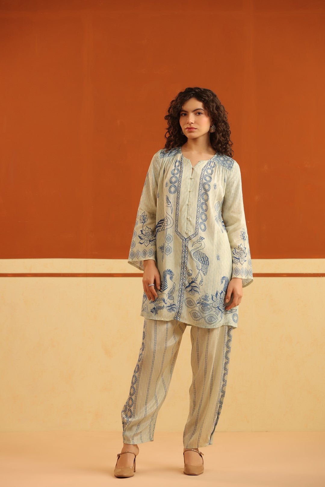 Ivory & Blue Printed Viscose Santoon Kurti & Pant Set for Women - Nyaro