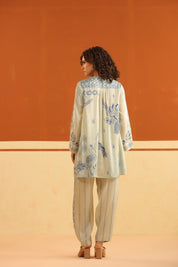 Ivory & Blue Printed Viscose Santoon Kurti & Pant Set for Women - Nyaro