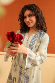 Ivory & Blue Printed Viscose Santoon Kurti & Pant Set for Women - Nyaro