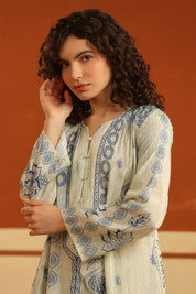 Ivory & Blue Printed Viscose Santoon Kurti & Pant Set for Women - Nyaro