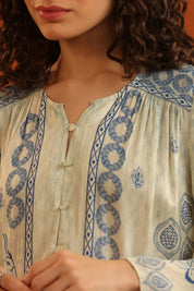 Ivory & Blue Printed Viscose Santoon Kurti & Pant Set for Women - Nyaro