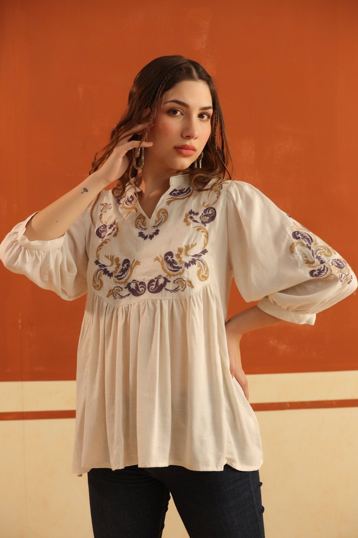 Ivory Embroidered Cotton Linen Gathered Top for Women - Nyaro