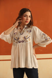 Ivory Embroidered Cotton Linen Gathered Top for Women - Nyaro