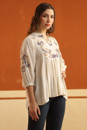 Ivory Embroidered Cotton Linen Gathered Top for Women - Nyaro