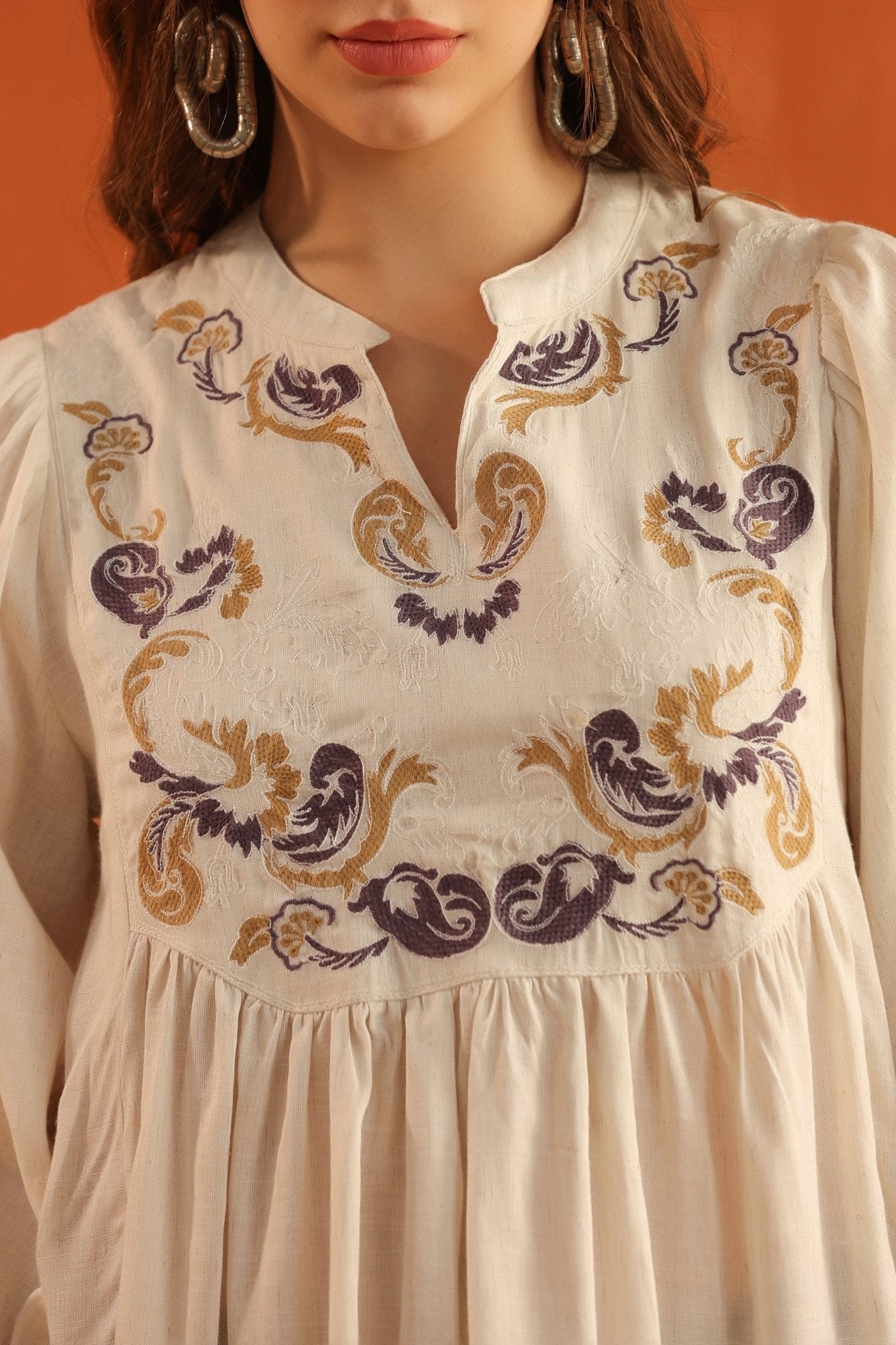 Ivory Embroidered Cotton Linen Gathered Top for Women - Nyaro