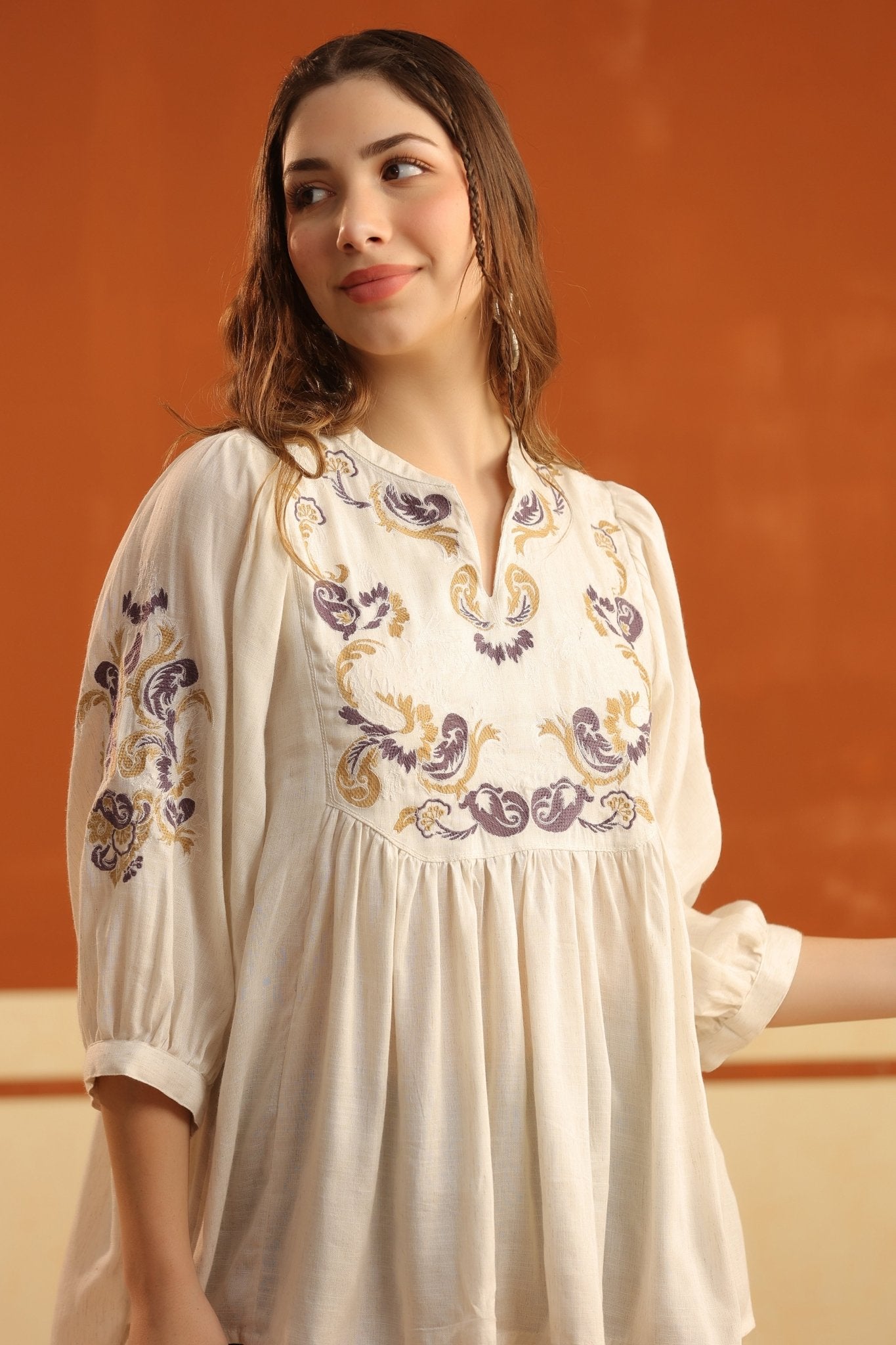 Ivory Embroidered Cotton Linen Gathered Top for Women - Nyaro