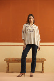 Ivory Embroidered Cotton Linen Gathered Top for Women - Nyaro