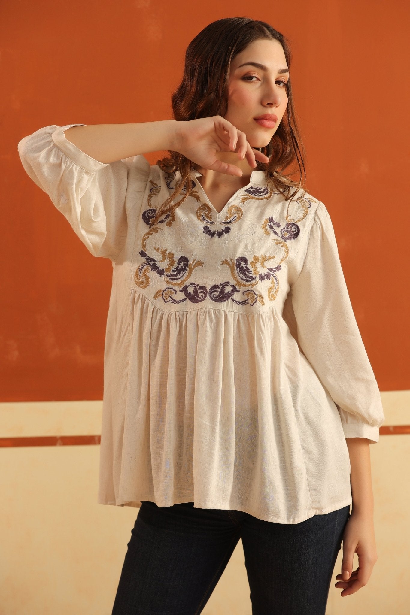 Ivory Embroidered Cotton Linen Gathered Top for Women - Nyaro