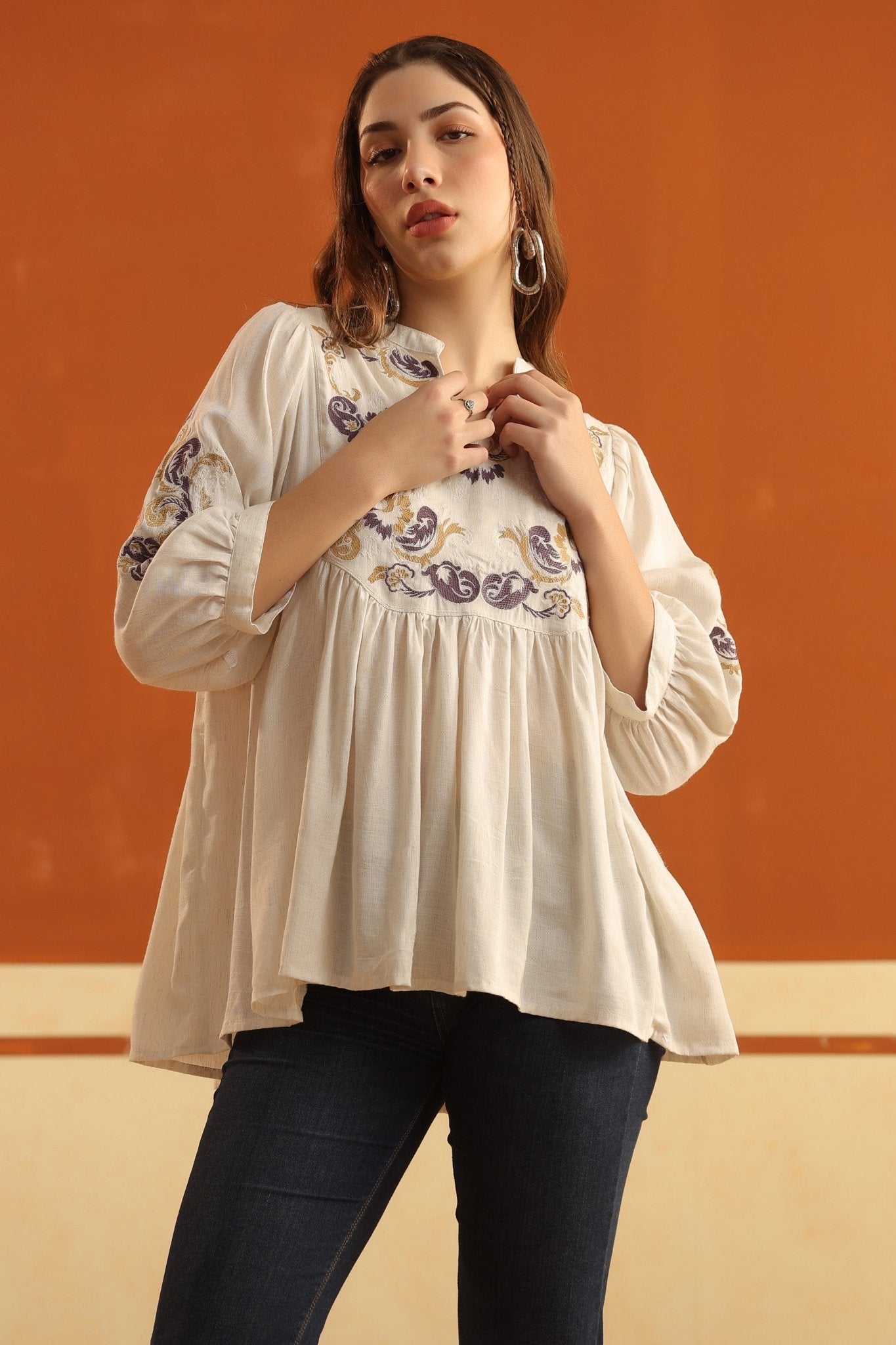 Ivory Embroidered Cotton Linen Gathered Top for Women - Nyaro
