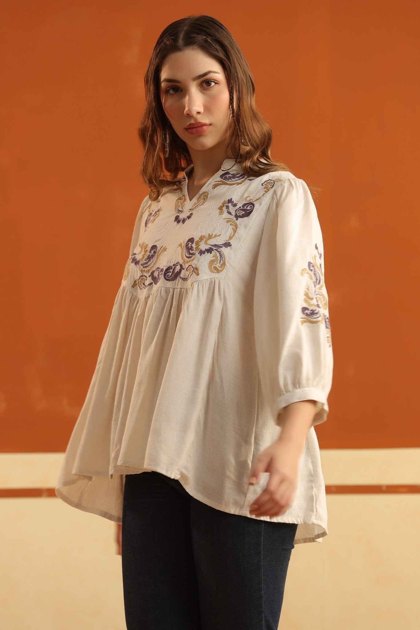 Ivory Embroidered Cotton Linen Gathered Top for Women - Nyaro