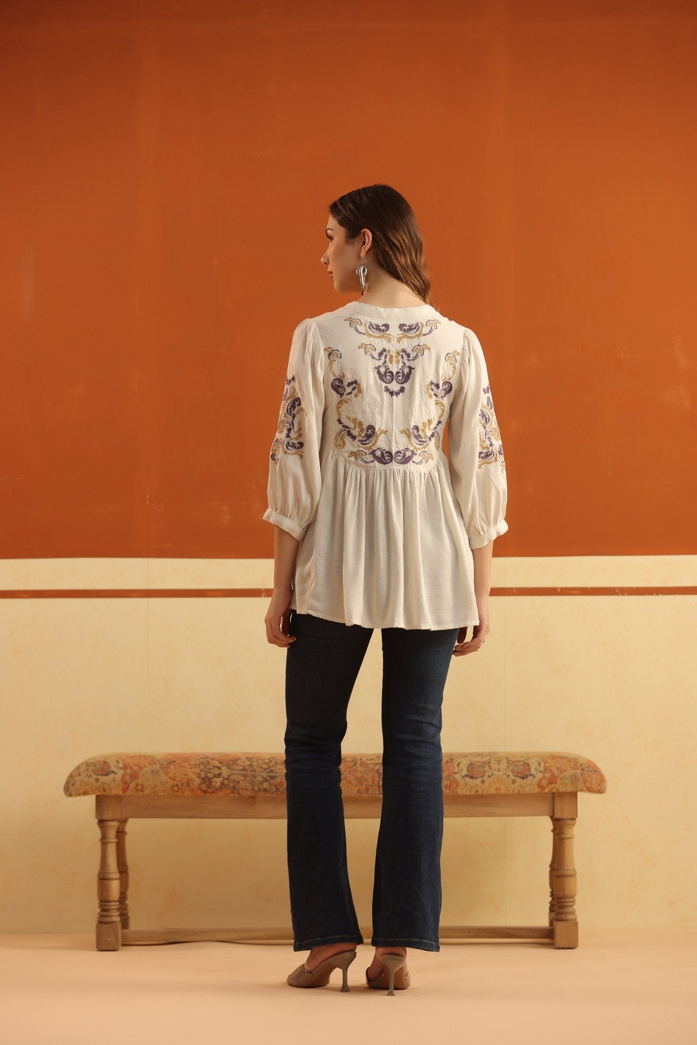 Ivory Embroidered Cotton Linen Gathered Top for Women - Nyaro