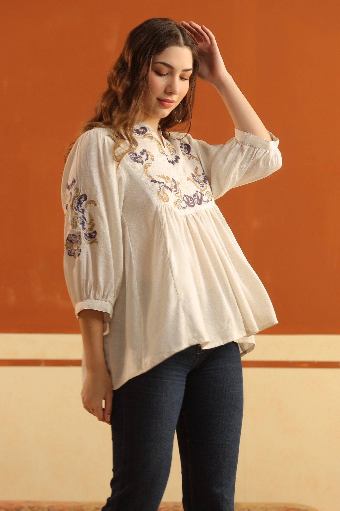 Ivory Embroidered Cotton Linen Gathered Top for Women - Nyaro