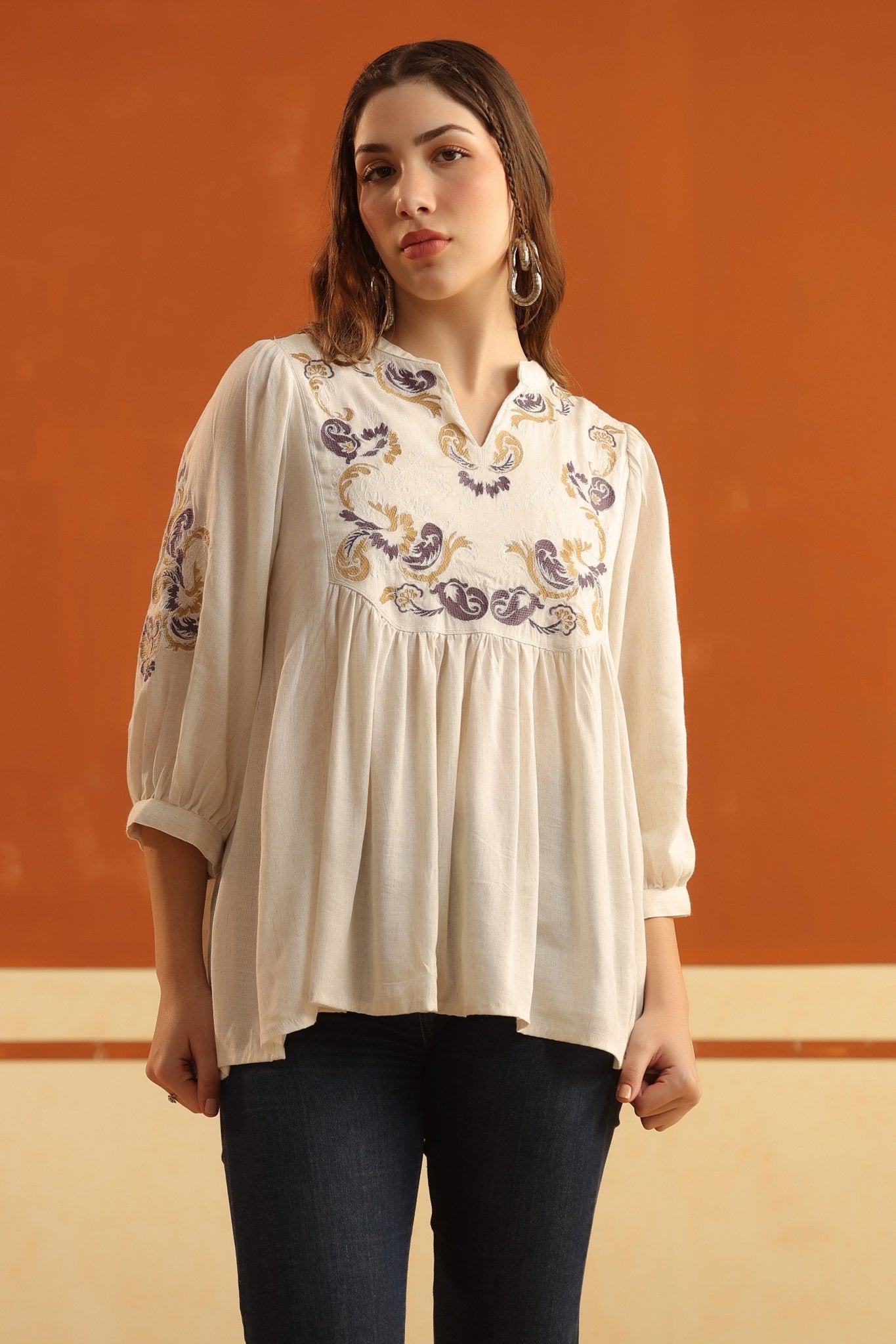 Ivory Embroidered Cotton Linen Gathered Top for Women - Nyaro