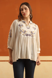 Ivory Embroidered Cotton Linen Gathered Top for Women - Nyaro