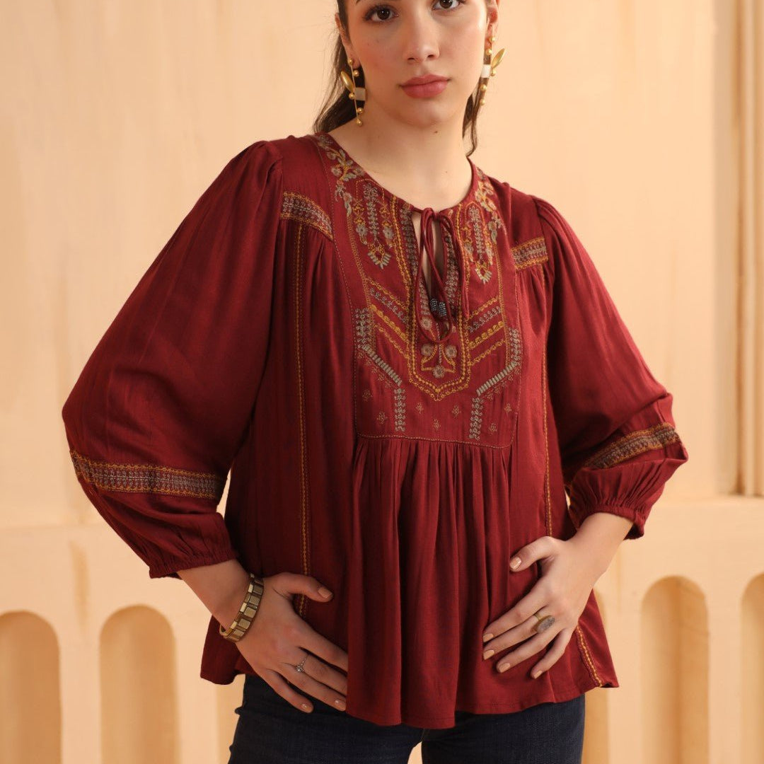 Maroon Embroidered Cotton Linen Gathered Top for Women - Nyaro