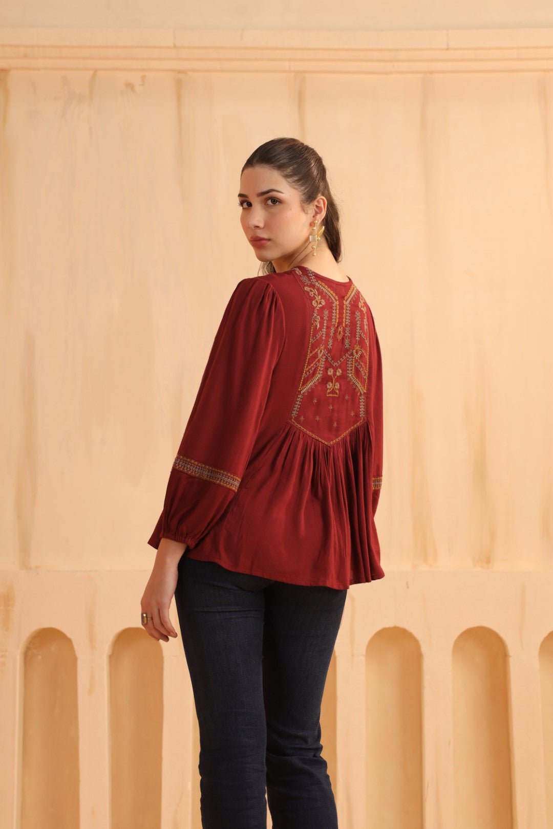 Maroon Embroidered Cotton Linen Gathered Top for Women - Nyaro