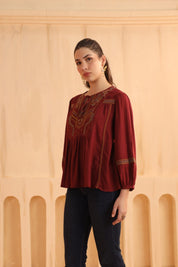 Maroon Embroidered Cotton Linen Gathered Top for Women - Nyaro