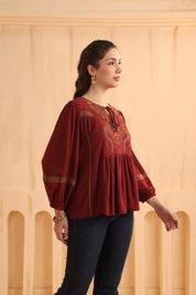 Maroon Embroidered Cotton Linen Gathered Top for Women - Nyaro