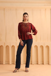 Maroon Embroidered Cotton Linen Gathered Top for Women - Nyaro