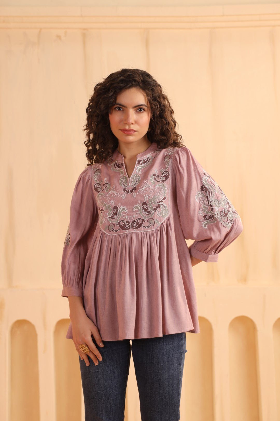 Mauve Embroidered Cotton Linen Gathered Top for Women - Nyaro