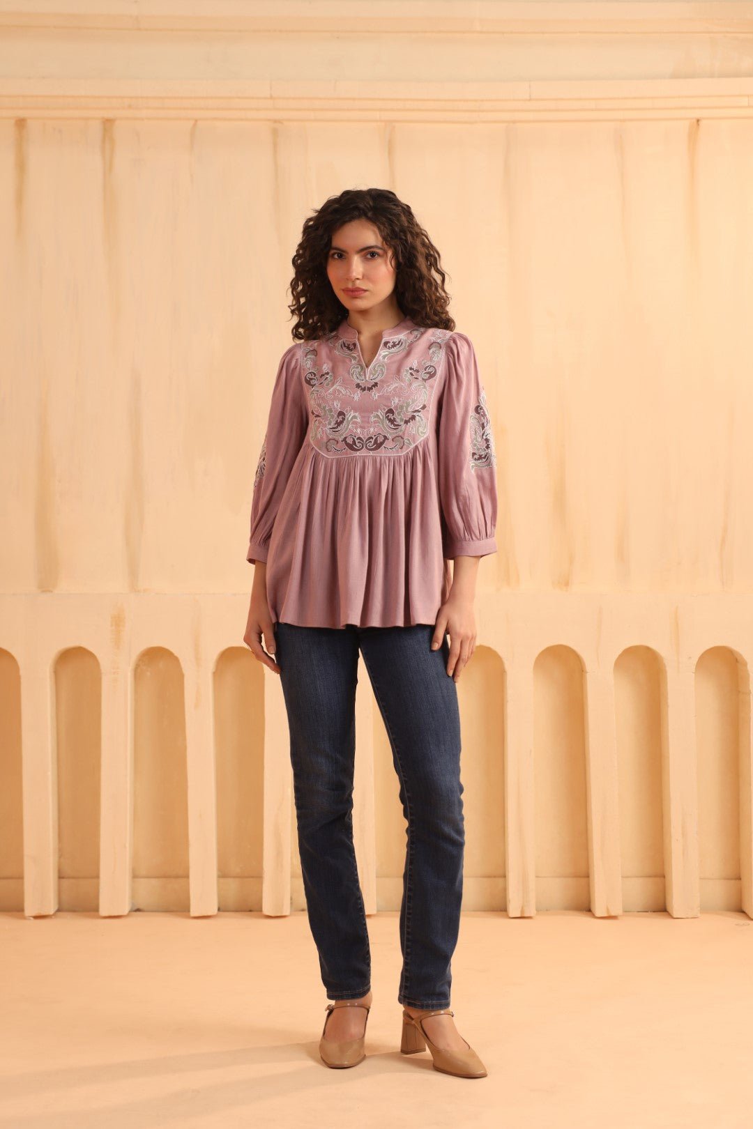 Mauve Embroidered Cotton Linen Gathered Top for Women - Nyaro