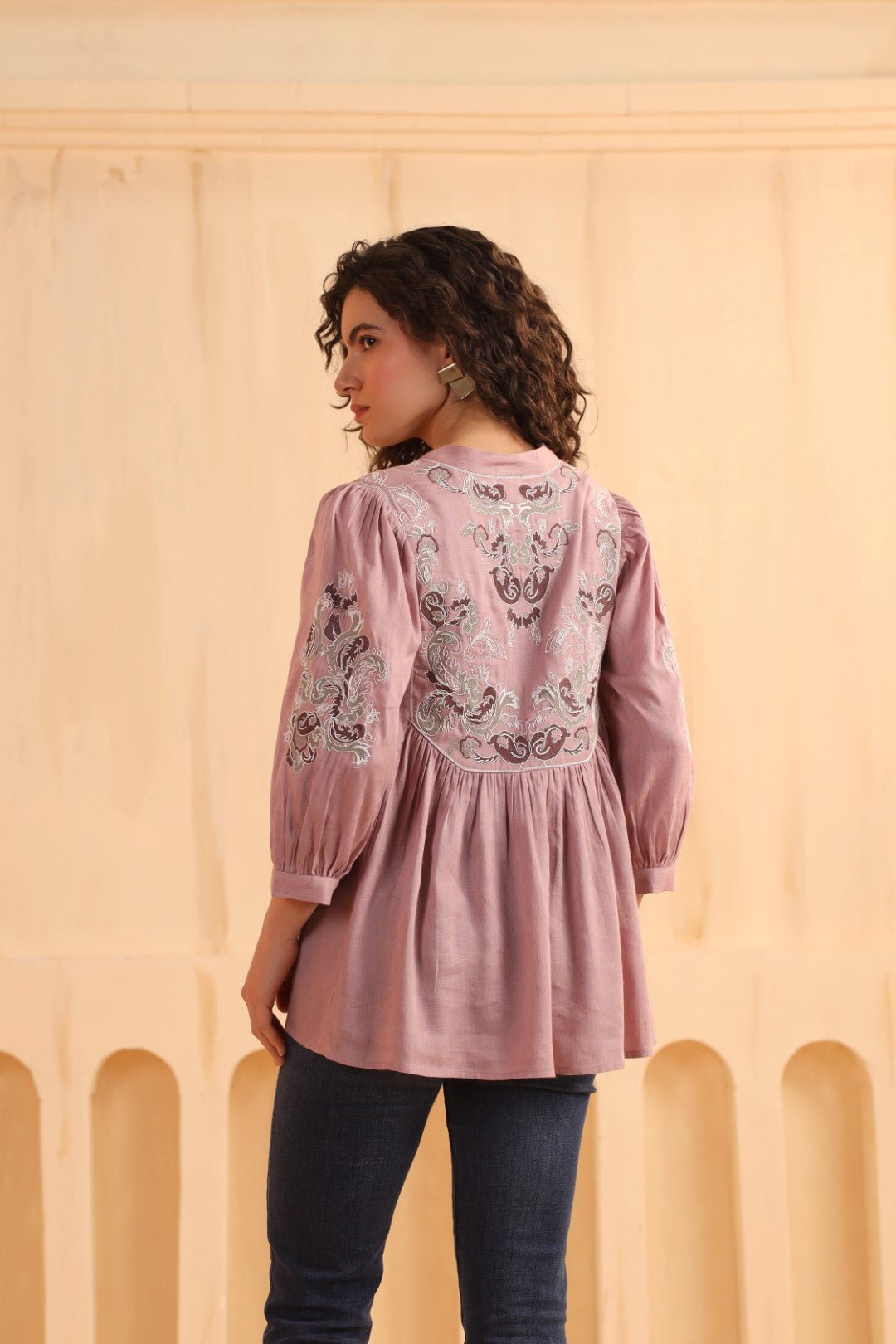 Mauve Embroidered Cotton Linen Gathered Top for Women - Nyaro