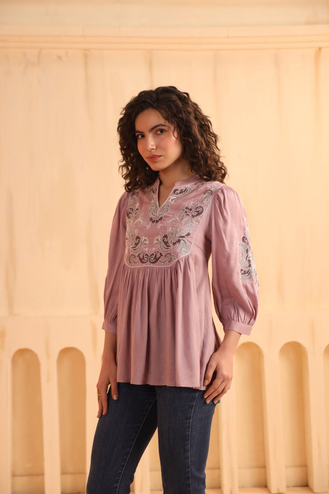 Mauve Embroidered Cotton Linen Gathered Top for Women - Nyaro
