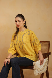Mustard Embroidered Cotton Linen Gathered Top for Women - Nyaro