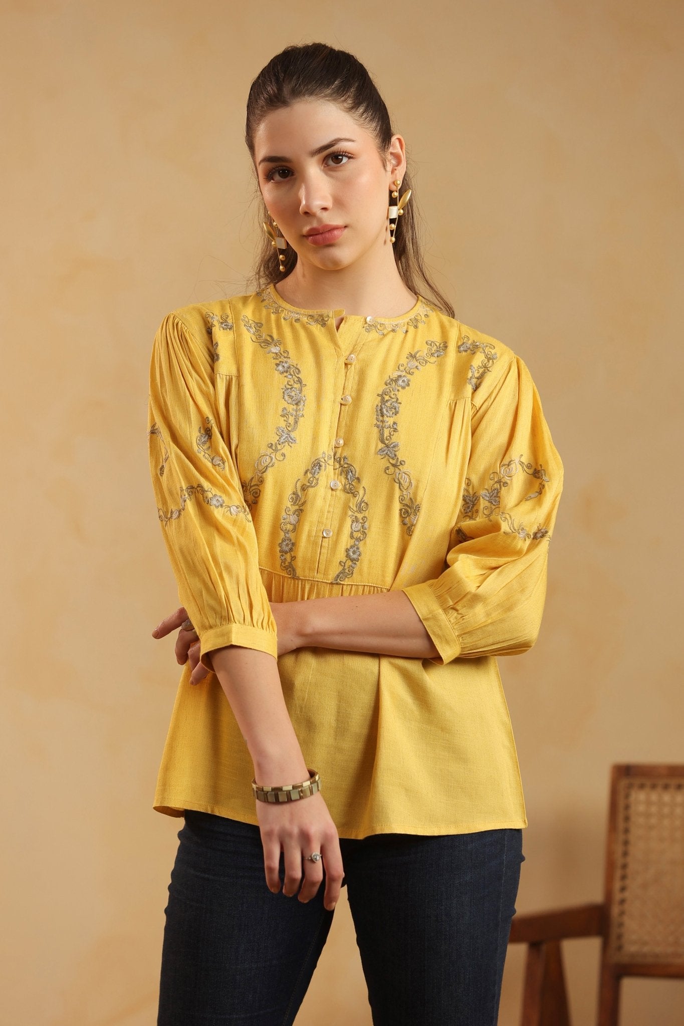 Mustard Embroidered Cotton Linen Gathered Top for Women - Nyaro