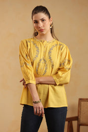 Mustard Embroidered Cotton Linen Gathered Top for Women - Nyaro