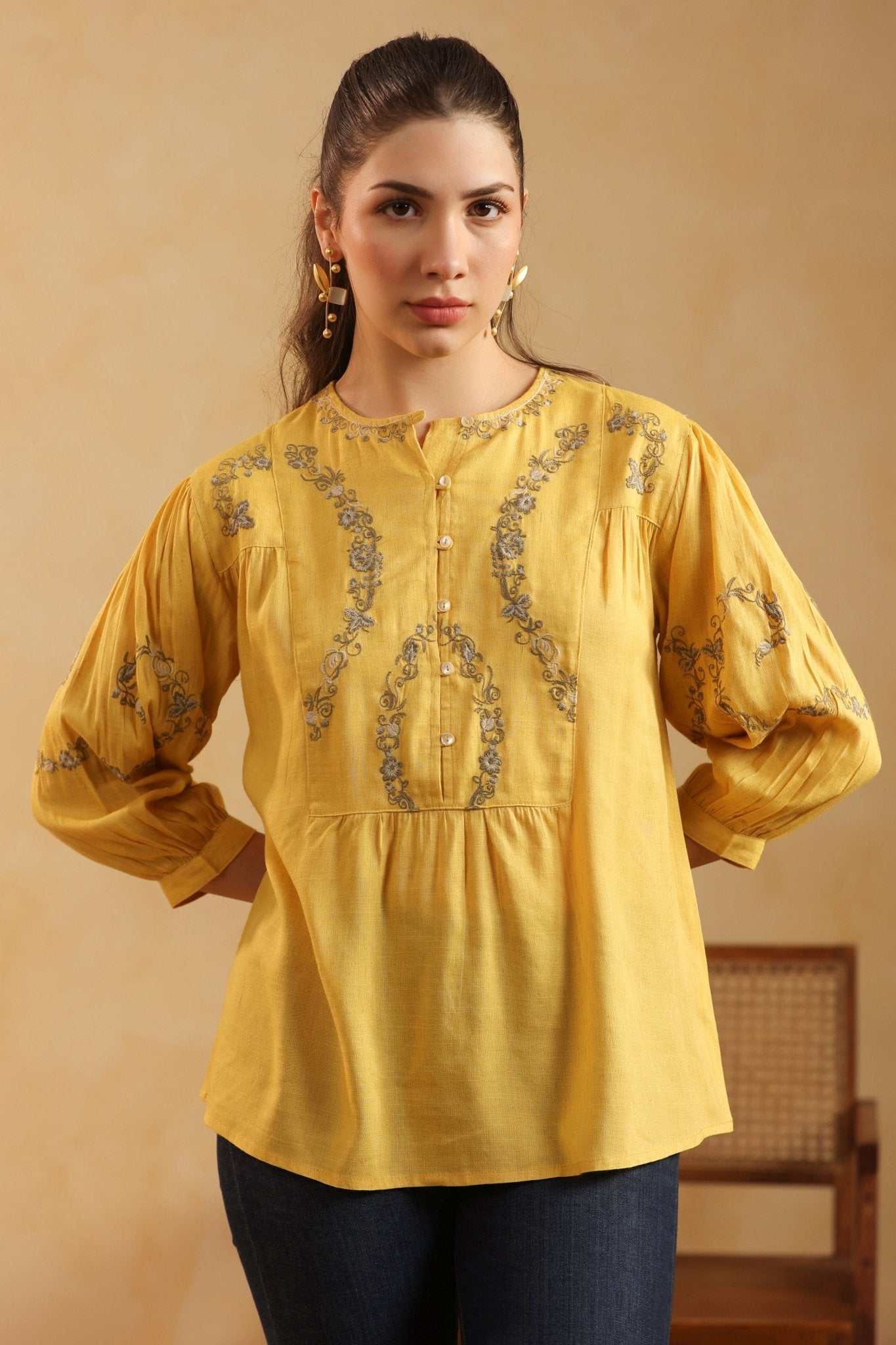 Mustard Embroidered Cotton Linen Gathered Top for Women - Nyaro