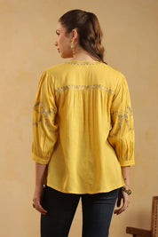 Mustard Embroidered Cotton Linen Gathered Top for Women - Nyaro
