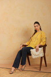 Mustard Embroidered Cotton Linen Gathered Top for Women - Nyaro