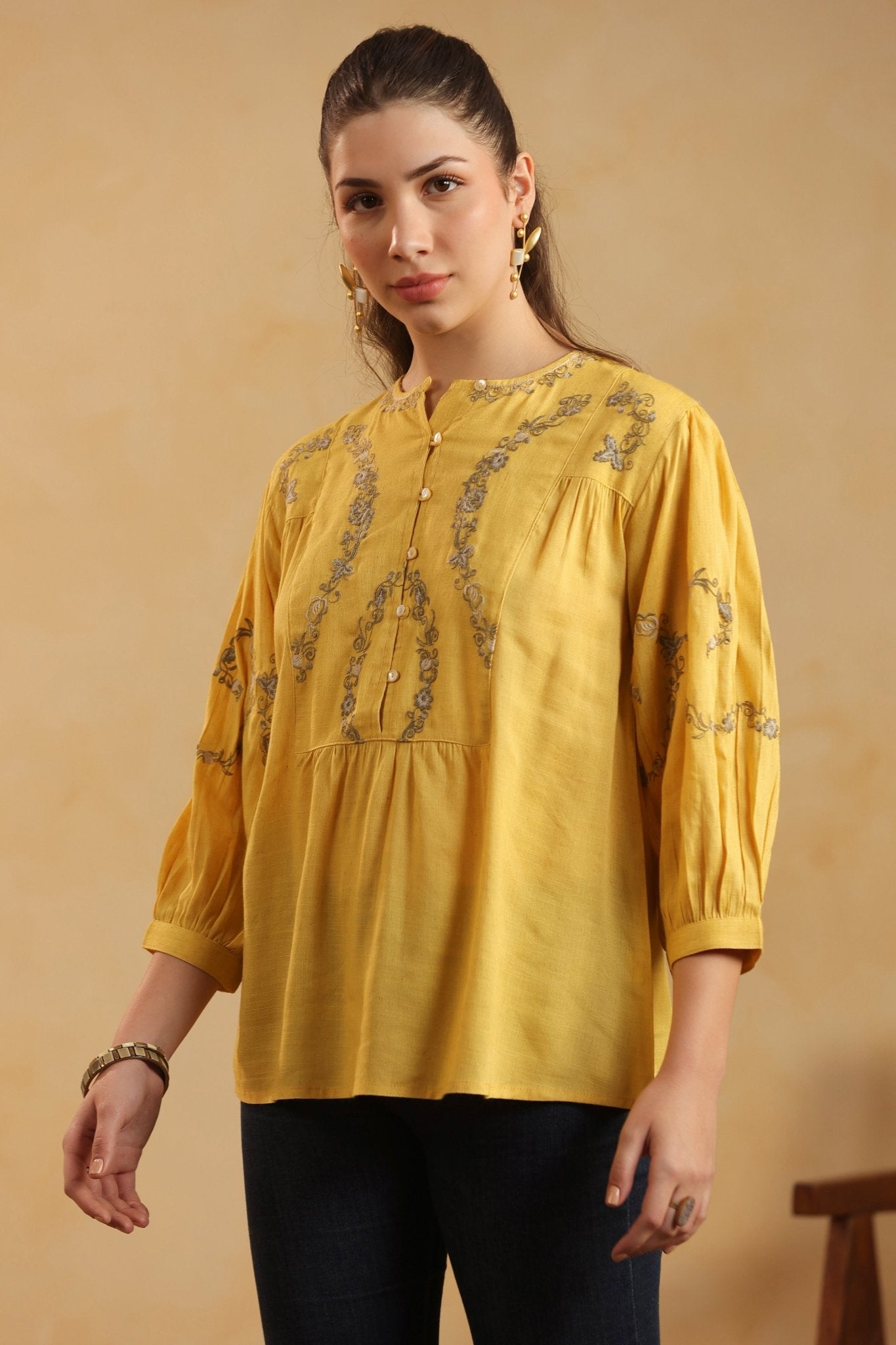 Mustard Embroidered Cotton Linen Gathered Top for Women - Nyaro