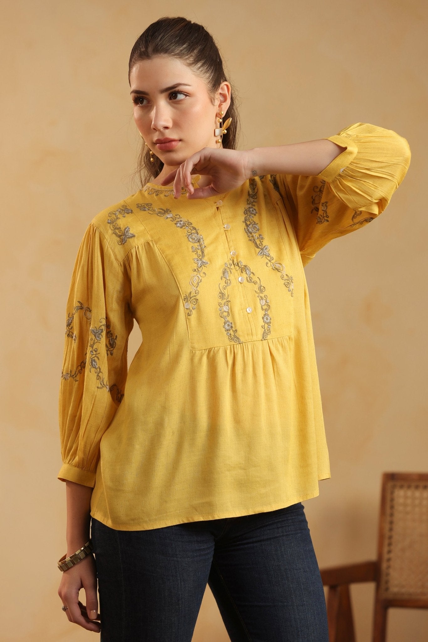 Mustard Embroidered Cotton Linen Gathered Top for Women - Nyaro