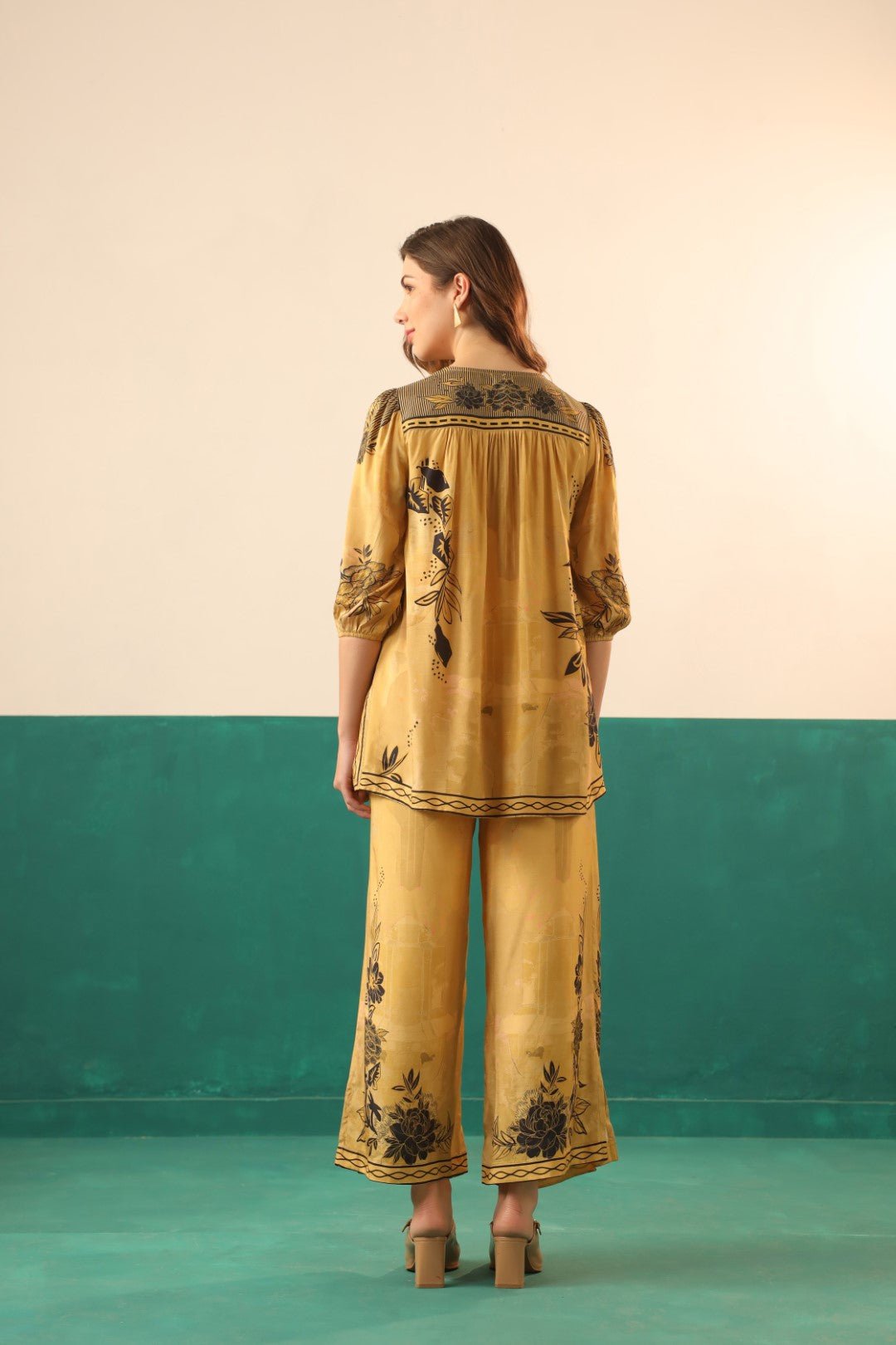 Mustard Printed Viscose Santoon Shirt & Pant Co - Ord Set for Women - Nyaro