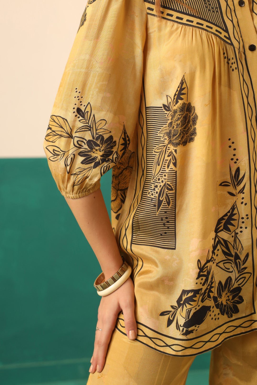 Mustard Printed Viscose Santoon Shirt & Pant Co - Ord Set for Women - Nyaro