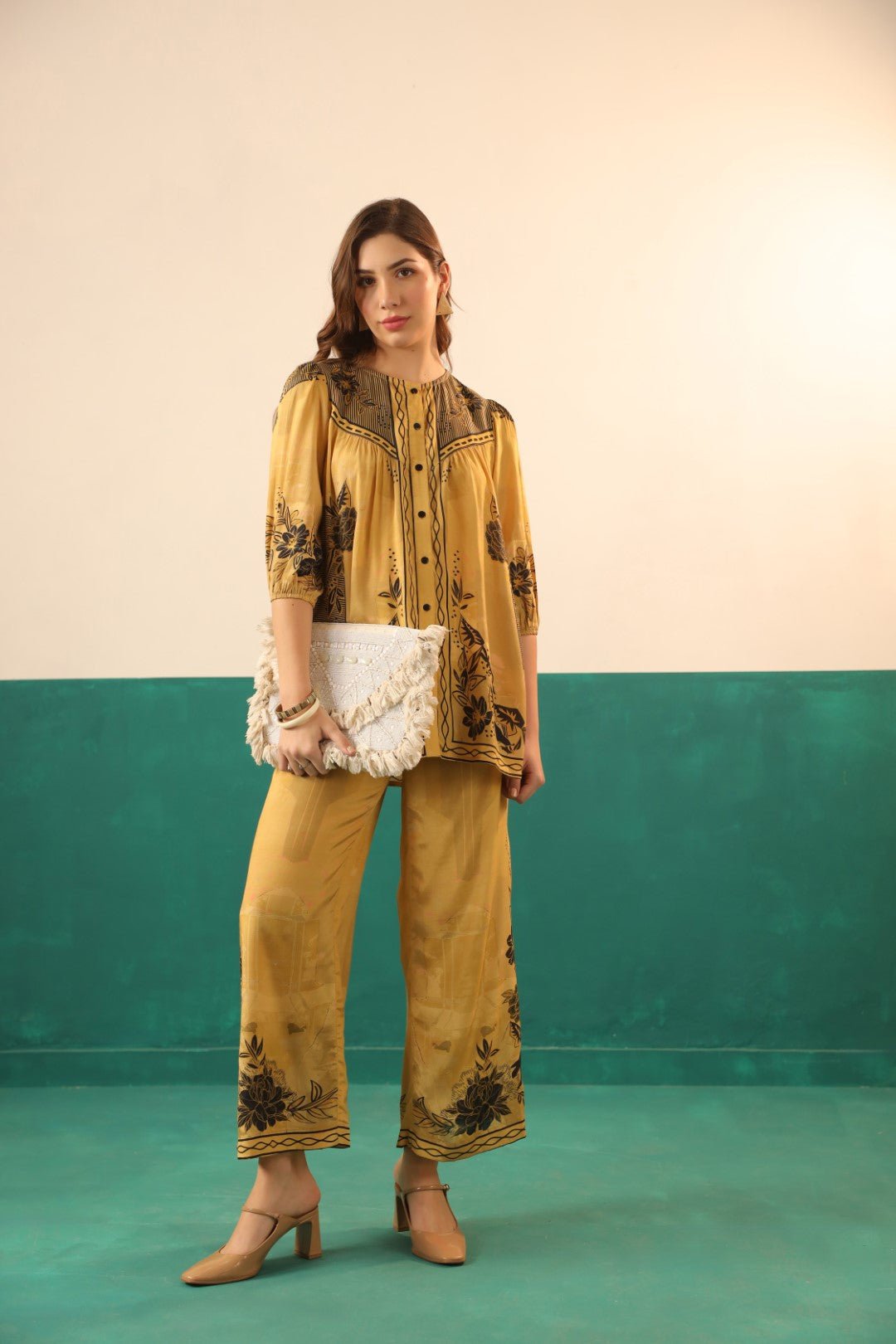 Mustard Printed Viscose Santoon Shirt & Pant Co - Ord Set for Women - Nyaro