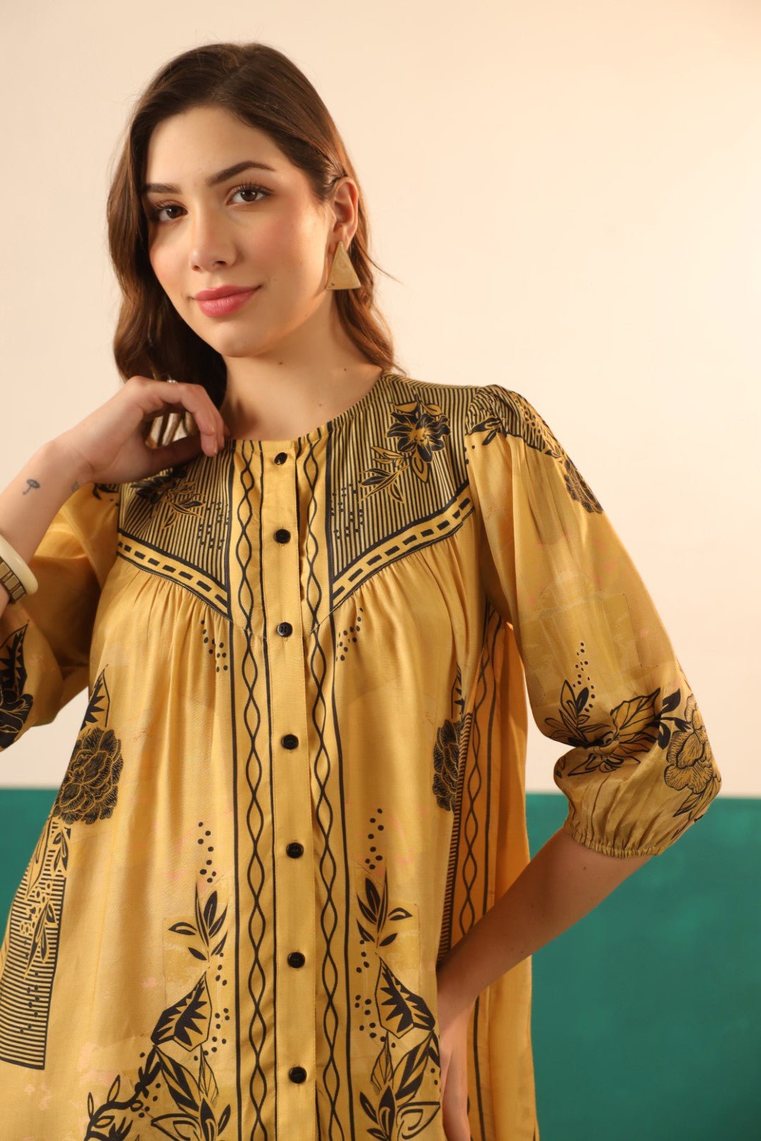Mustard Printed Viscose Santoon Shirt & Pant Co - Ord Set for Women - Nyaro