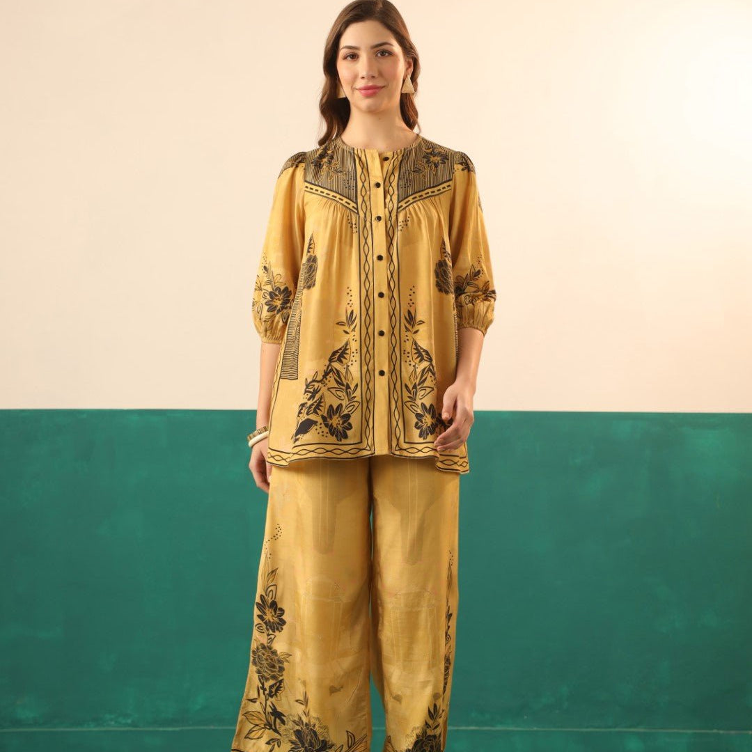 Mustard Printed Viscose Santoon Shirt & Pant Co - Ord Set for Women - Nyaro