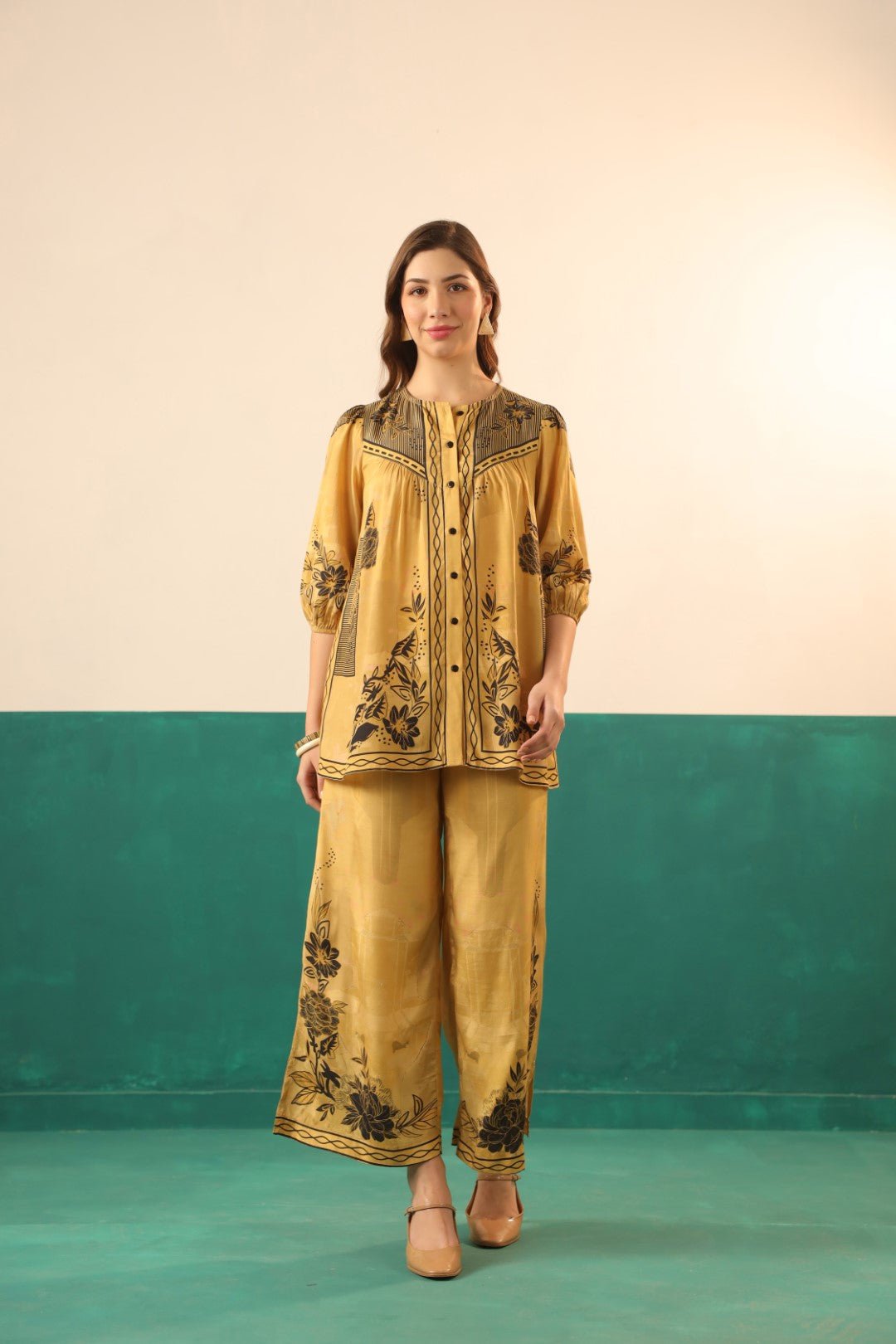 Mustard Printed Viscose Santoon Shirt & Pant Co - Ord Set for Women - Nyaro