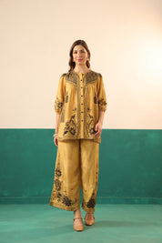 Mustard Printed Viscose Santoon Shirt & Pant Co - Ord Set for Women - Nyaro