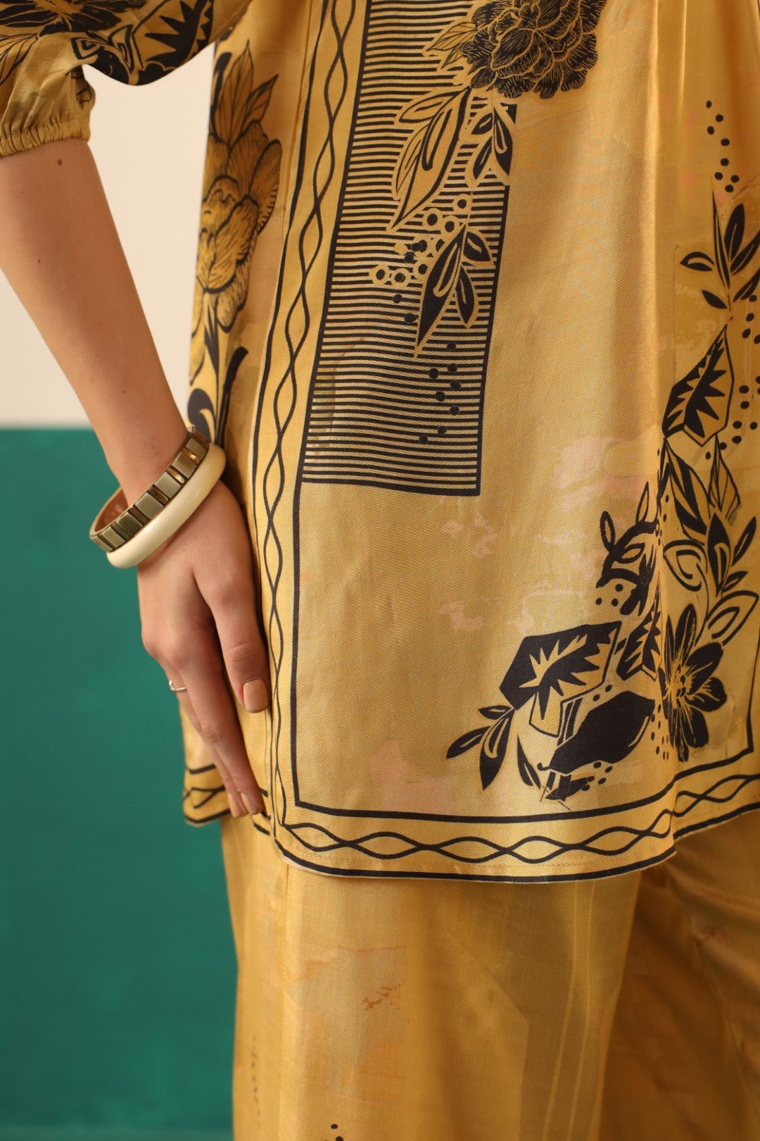 Mustard Printed Viscose Santoon Shirt & Pant Co - Ord Set for Women - Nyaro