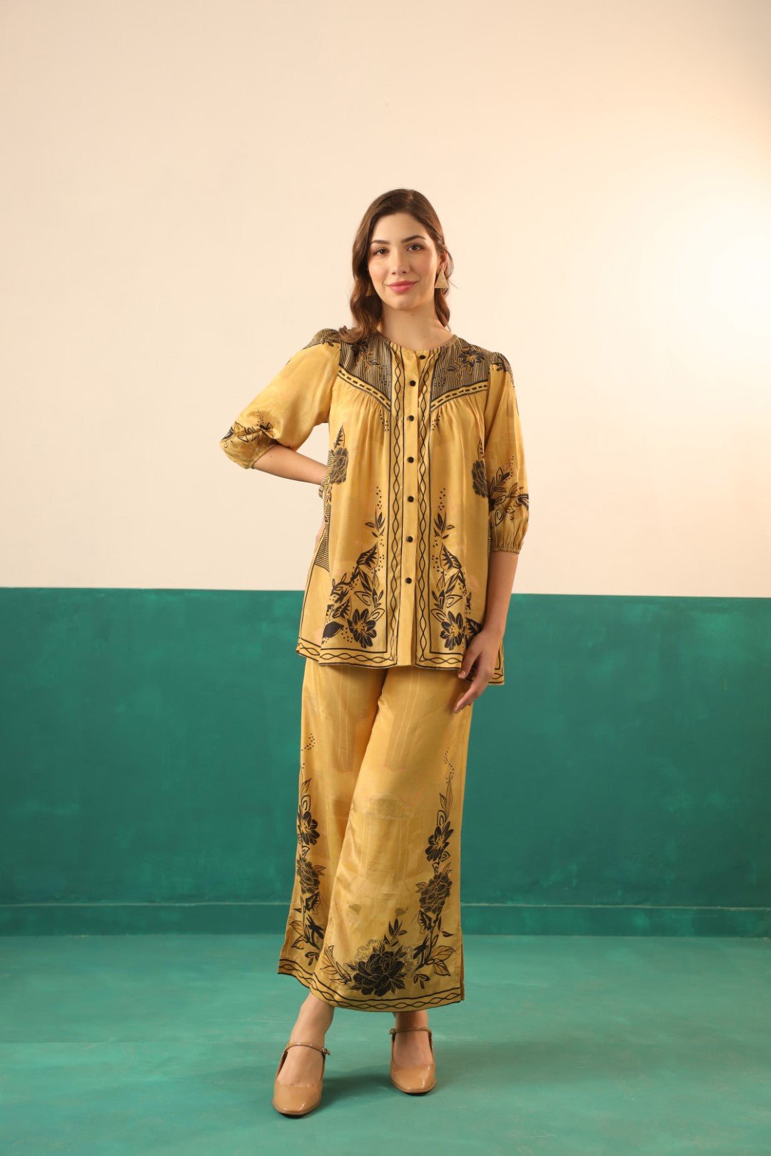 Mustard Printed Viscose Santoon Shirt & Pant Co - Ord Set for Women - Nyaro
