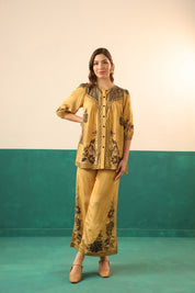 Mustard Printed Viscose Santoon Shirt & Pant Co - Ord Set for Women - Nyaro