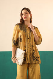 Mustard Printed Viscose Santoon Shirt & Pant Co - Ord Set for Women - Nyaro