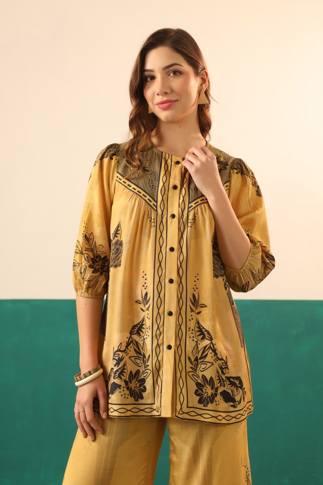 Mustard Printed Viscose Santoon Shirt & Pant Co - Ord Set for Women - Nyaro