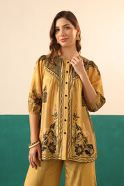 Mustard Printed Viscose Santoon Shirt & Pant Co - Ord Set for Women - Nyaro